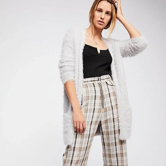 Free People Cozy Fuzzy Faux Fur Cardigan in Silver Cloud Womens Size L - Picture 1 of 10